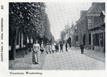 15396 Gezicht in de Voorstraat met bebouwing en leilinden te Woudenberg uit het westen; met een groepje kinderen.